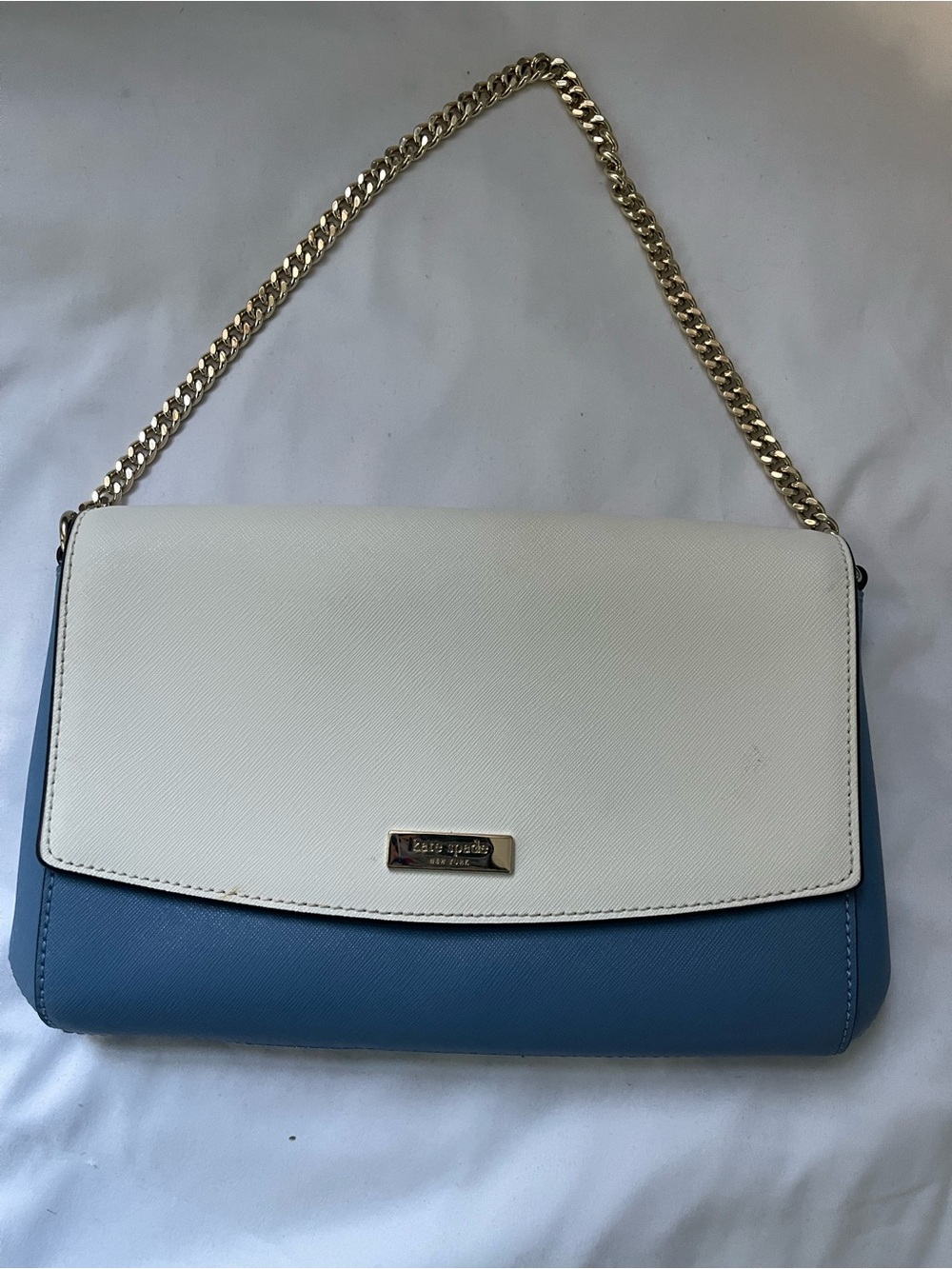 Kate Spade Colorblock Saffiano Leather Crossbody Bag White Blue Flap Purse